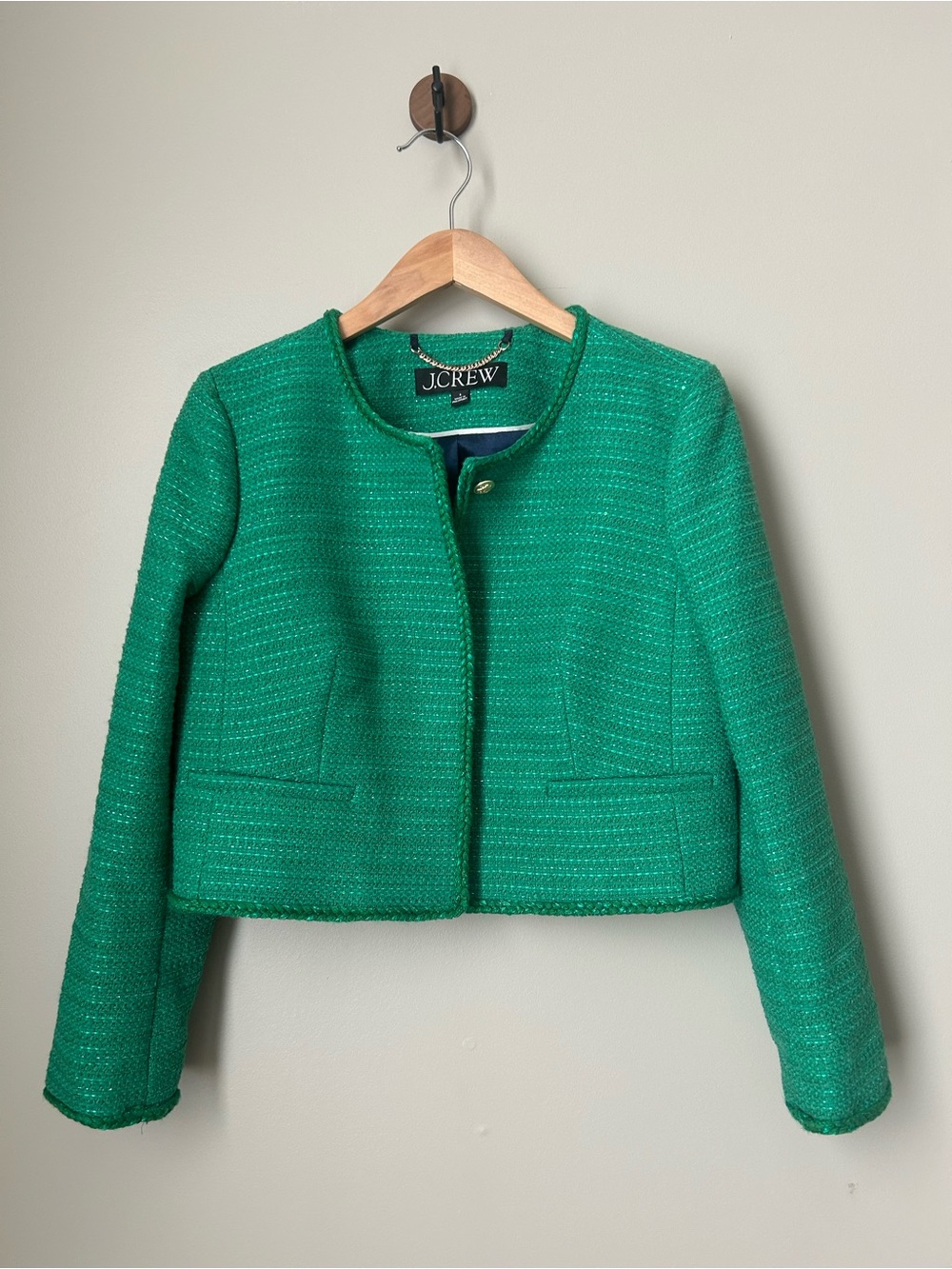 J.Crew Louisa Lady Jacket Green Sequin Tweed Gold Buttons 6 BR725